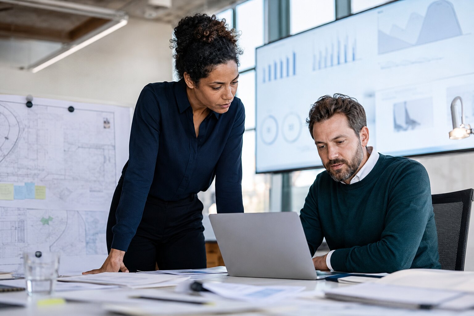 Illustratief AI-beeld van management dat projectsignalen bespreekt